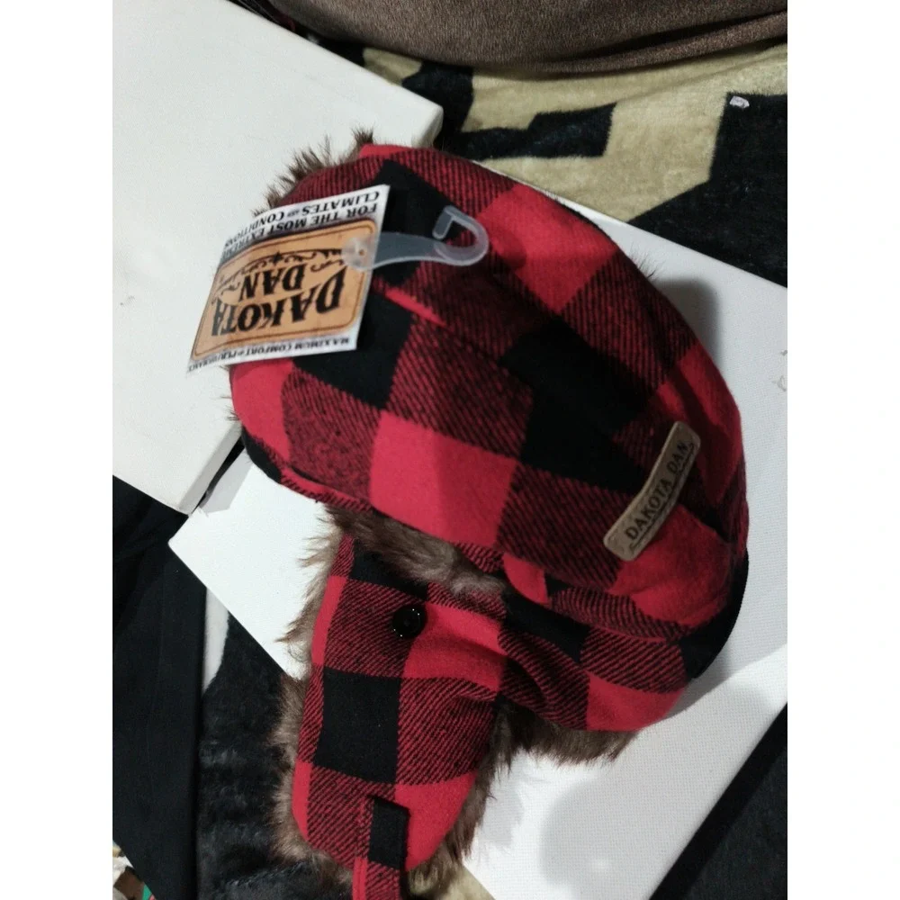 Dakota Dan Red Black PlaidTrapper Hat – Faux Fur Lined Winter Aviator Cap
